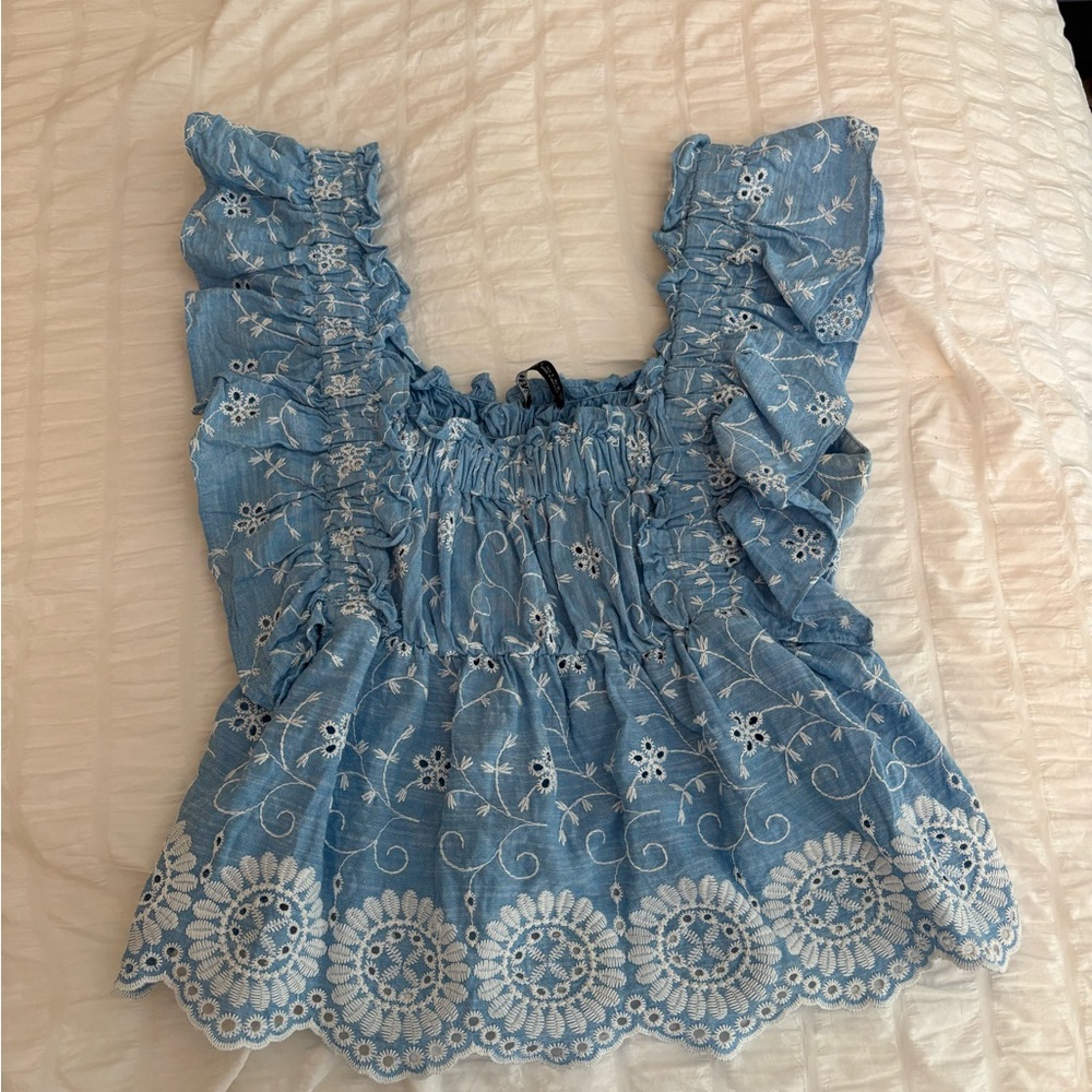 Zara Light Blue Ruffle Blouse with White Embroidery